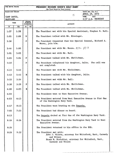 President Richard Nixon's Daily Diary for 19 April 1973: the page recording the President's cruise and dinner aboard the Sequoia from 6:17 to 8:13 in the evening. One page.