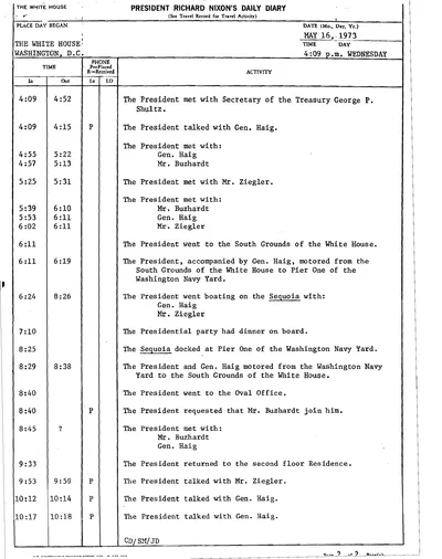 President Richard Nixon's Daily Diary for 16 May 1973: the page recording the President's cruise and dinner aboard the Sequoia from 6:24 to 8:26 in the evening. One page.