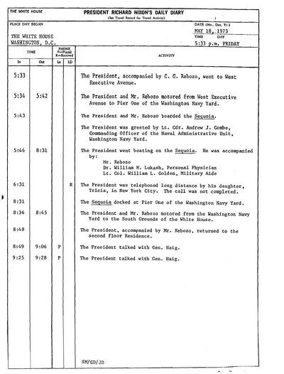 President Richard Nixon's Daily Diary for 18 May 1973: the page recording the President's cruise aboard the Sequoia from 5:46 to 8:31 in the evening. One page.