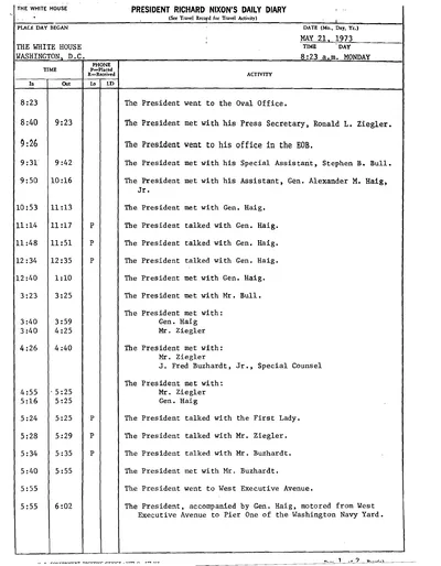 President Richard Nixon's Daily Diary for 21 May 1973: the pages recording the President's cruise aboard the Sequoia from 6:09 to 8:00 in the evening. Two pages.