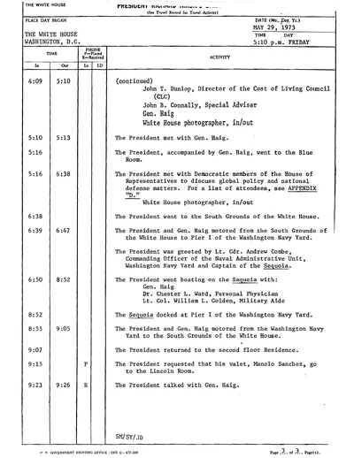 President Richard Nixon's Daily Diary for 29 May 1973: the page recording the President's cruise aboard the Sequoia from 6:50 to 8:52 in the evening. One page.