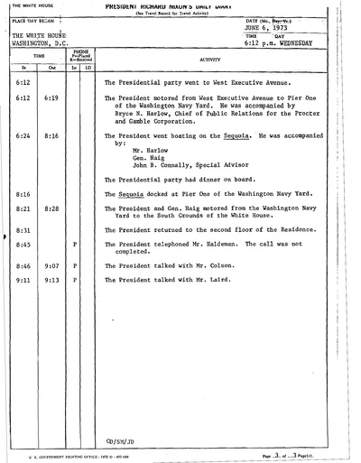 President Richard Nixon's Daily Diary for 6 June 1973: the page recording the President's cruise and dinner aboard the Sequoia from 6:24 to 8:16 in the evening. One page.