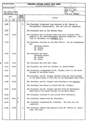 President Richard Nixon's Daily Diary for 11 June 1973: the page recording the President's cruise and dinner aboard the Sequoia from 6:20 to 8:23 in the evening. One page.