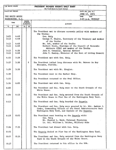 President Richard Nixon's Daily Diary for 12 June 1973: the page recording the President's cruise and dinner aboard the Sequoia from 6:18 to 8:05 in the evening. One page.