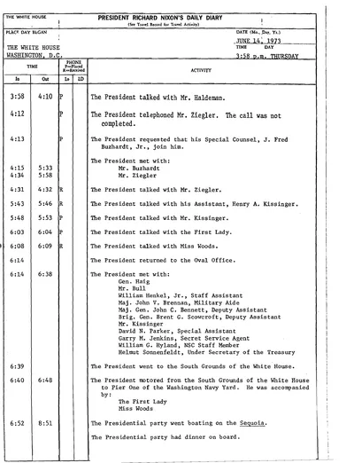President Richard Nixon's Daily Diary for 14 June 1973: the pages recording the President's cruise and dinner aboard the Sequoia from 6:52 to 8:51 in the evening. Two pages.