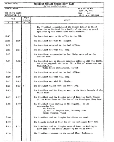 President Richard Nixon's Daily Diary for 10 July 1973: the page recording the President's cruise and dinner aboard the Sequoia from 7:02 to 8:40 in the evening. One page.