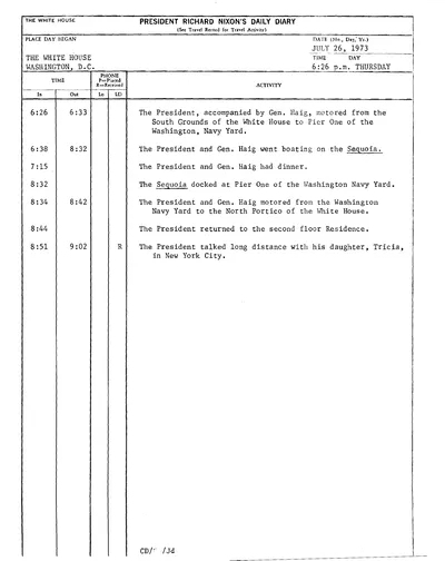 President Richard Nixon's Daily Diary for 26 July 1973: the page recording the President's cruise and dinner aboard the Sequoia from 6:38 to 8:32 in the evening. One page.