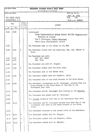 President Richard Nixon's Daily Diary for 30 July 1973: the page recording the President's cruise and dinner aboard the Sequoia from 6:13 to 8:02 in the evening. One page.
