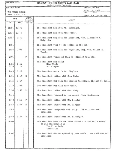 President Richard Nixon's Daily Diary for 1 August 1973: the pages recording the President's cruise and dinner aboard the Sequoia from 6:13 to 7:46 in the evening. Two pages.