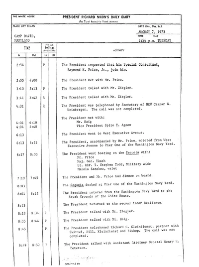 President Richard Nixon's Daily Diary for 7 August 1973: the page recording the President's cruise and dinner aboard the Sequoia from 6:27 to 8:03 in the evening. One page.