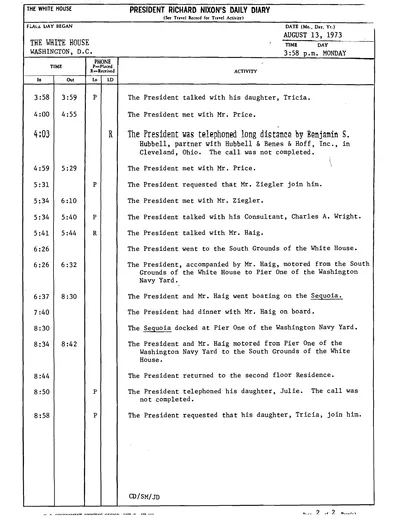 President Richard Nixon's Daily Diary for 13 August 1973: the page recording the President's cruise and dinner aboard the Sequoia from 6:37 to 8:30 in the evening. One page.