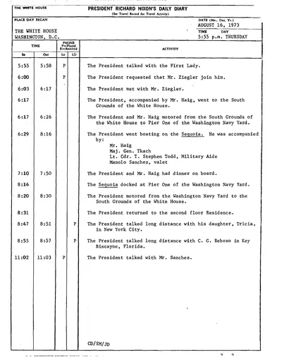 President Richard Nixon's Daily Diary for 16 August 1973: the page recording the President's cruise and dinner aboard the Sequoia from 6:29 to 8:16 in the evening. One page.