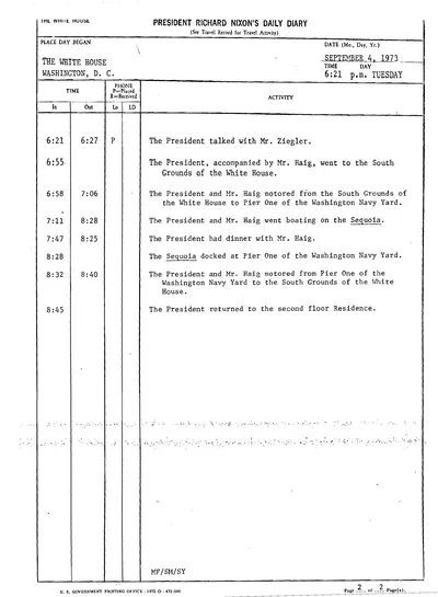 President Richard Nixon's Daily Diary for 4 September 1973: the page recording the President's cruise and dinner aboard the Sequoia from 7:11 to 8:28 in the evening. One page.