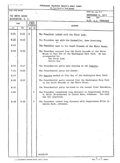 President Richard Nixon's Daily Diary for 6 September 1973: the page recording the President's cruise and dinner aboard the Sequoia from 6:55 to 8:17 in the evening. One page.