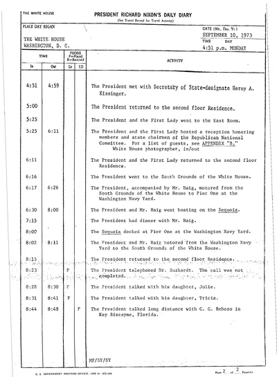 President Richard Nixon's Daily Diary for 10 September 1973: the page recording the President's cruise and dinner aboard the Sequoia from 6:30 to 8:00 in the evening. One page.