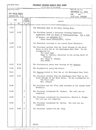 President Richard Nixon's Daily Diary for 11 September 1973: the page recording the President's cruise and dinner aboard the Sequoia from 6:35 to 8:14 in the evening. One page.