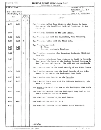 President Richard Nixon's Daily Diary for 12 September 1973: the page recording the President's cruise and dinner aboard the Sequoia from 6:43 to 7:58 in the evening. One page.