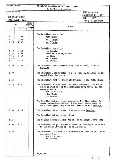 President Richard Nixon's Daily Diary for 13 September 1973: the page recording the President's cruise and dinner aboard the Sequoia from 6:26 to 8:15 in the evening. One page.