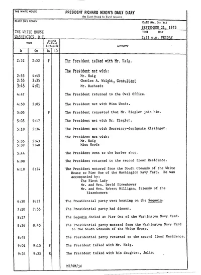 President Richard Nixon's Daily Diary for 21 September 1973: the page recording the President's cruise and dinner aboard the Sequoia from 6:30 to 8:27 in the evening. One page.