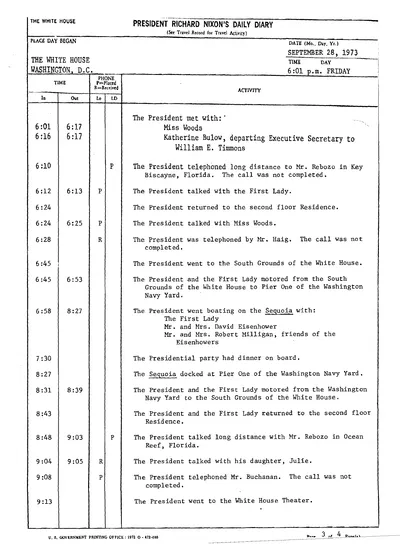 President Richard Nixon's Daily Diary for 28 September 1973: the page recording the President's cruise and dinner aboard the Sequoia from 6:58 to 8:27 in the evening. One page.