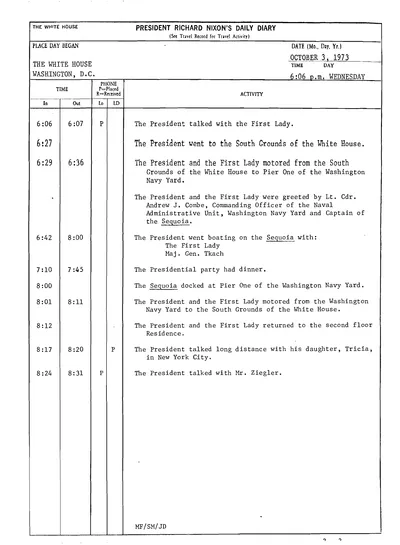 President Richard Nixon's Daily Diary for 3 October 1973: the page recording the President's cruise and dinner aboard the Sequoia from 6:42 to 8:00 in the evening. One page.