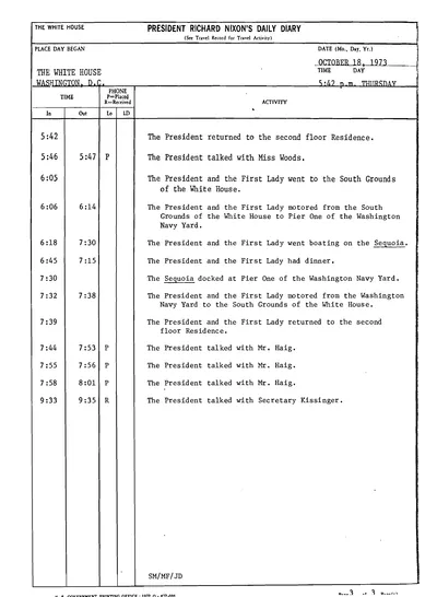 President Richard Nixon's Daily Diary for 18 October 1973: the page recording the President's cruise and dinner aboard the Sequoia from 6:18 to 7:30 in the evening. One page.