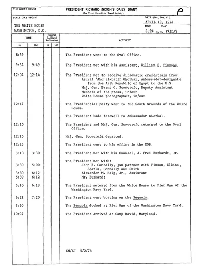 President Richard Nixon's Daily Diary for 19 April 1974: the page recording the President's cruise aboard the Sequoia from 6:21 to 7:20 in the evening. One page.
