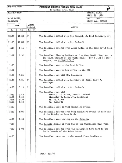 President Richard Nixon's Daily Diary for 21 April 1974: the page recording the President's cruise aboard the Sequoia from 6:09 to 7:53 in the evening. One page.