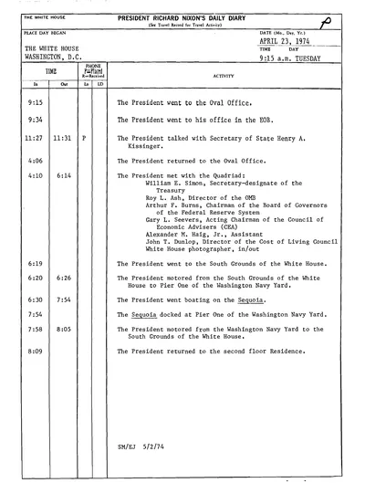 President Richard Nixon's Daily Diary for 23 April 1974: the page recording the President's cruise aboard the Sequoia from 6:30 to 7:54 in the evening. One page.