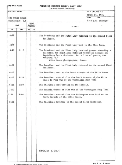 President Richard Nixon's Daily Diary for 25 April 1974: the page recording the President's cruise aboard the Sequoia from 6:26 to 7:50 in the evening. One page.