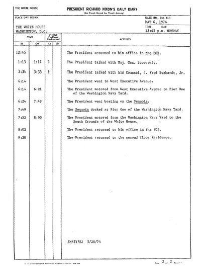 President Richard Nixon's Daily Diary for 6 May 1974: the page recording the President's cruise aboard the Sequoia from 6:24 to 7:49 in the evening. One page.