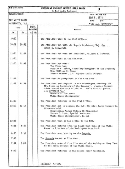 President Richard Nixon's Daily Diary for 8 May 1974: the page recording the President's cruise aboard the Sequoia from 6:35 to 7:50 in the evening. One page.