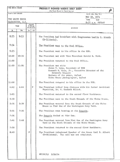 President Richard Nixon's Daily Diary for 10 May 1974: the page recording the President's cruise aboard the Sequoia from 5:44 to 7:36 in the evening. One page.
