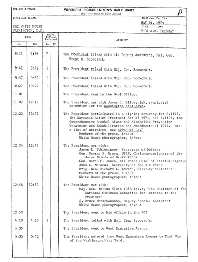 President Richard Nixon's Daily Diary for 14 May 1974: the pages recording the President's cruise aboard the Sequoia from 5:46 to 7:31 in the evening; and Appendix B, the list of those aboard, headed "BOATING ON THE SEQUOIA". Three pages.