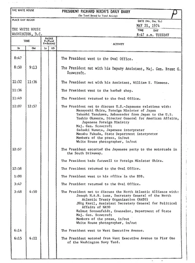 President Richard Nixon's Daily Diary for 21 May 1974: the pages recording the President's cruise and dinner aboard the Sequoia from 6:27 to 8:22 in the evening. Two pages.