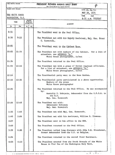 President Richard Nixon's Daily Diary for 28 May 1974: the pages recording the President's cruise aboard the Sequoia from 6:15 to 7:47 in the evening. Two pages.