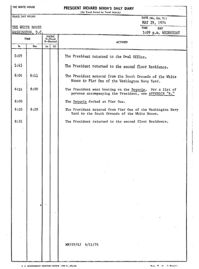 President Richard Nixon's Daily Diary for 29 May 1974: the page recording the President's cruise aboard the Sequoia from 6:24 to 8:00 in the evening; and Appendix B, the list of those aboard, headed "BOATING ON THE SEQUOIA WITH A GROUP OF CONGRESSMEN". Two pages.