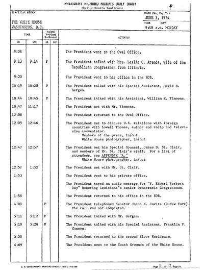 President Richard Nixon's Daily Diary for 3 June 1974: the pages recording the President's cruise aboard the Sequoia from 6:22 to 7:53 in the evening. Two pages.