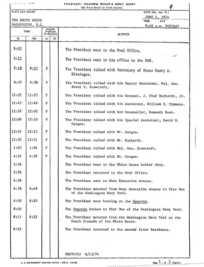 President Richard Nixon's Daily Diary for 4 June 1974: the page recording the President's cruise aboard the Sequoia from 6:50 to 8:10 in the evening. One page.