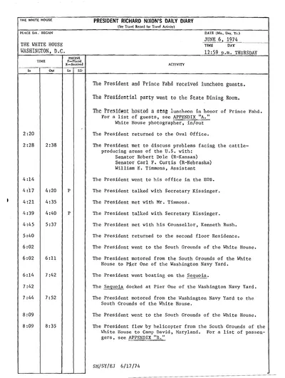 President Richard Nixon's Daily Diary for 6 June 1974: the page recording the President's cruise aboard the Sequoia from 6:14 to 7:42 in the evening. One page.