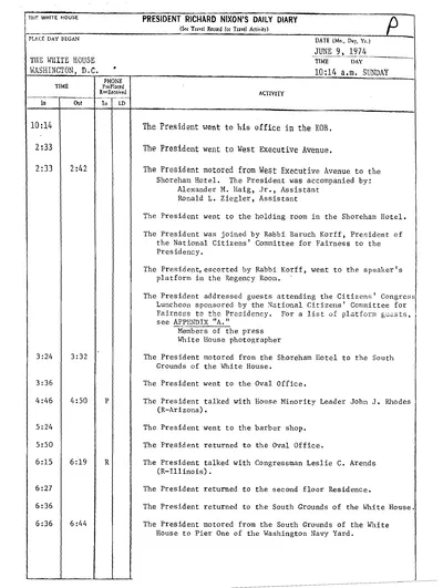 President Richard Nixon's Daily Diary for 9 June 1974: the pages recording the President's cruise aboard the Sequoia from 6:47 to 8:13 in the evening. Two pages.