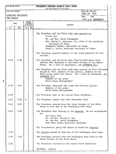 President Richard Nixon's Daily Diary for 19 June 1974: the page recording the President's cruise and dinner aboard the Sequoia from 5:56 to 7:26 in the evening. One page.