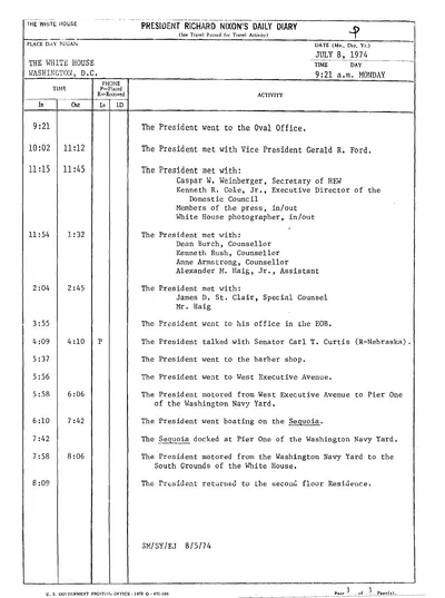 President Richard Nixon's Daily Diary for 8 July 1974: the page recording the President's cruise aboard the Sequoia from 6:10 to 7:42 in the evening. One page.