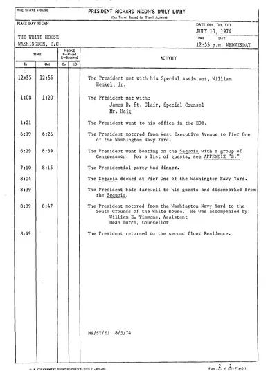 President Richard Nixon's Daily Diary for 10 July 1974: the page recording the President's cruise and dinner aboard the Sequoia with a group of Congressmen on the evening of 10 July; and Appendix B, the list of those aboard, headed "SEQUOIA - DINNER WITH A GROUP OF CONGRESSMEN". Two pages.