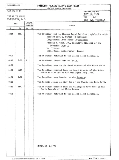 President Richard Nixon's Daily Diary for 11 July 1974: the page recording the President's cruise aboard the Sequoia from 6:34 to 8:12 in the evening. One page.