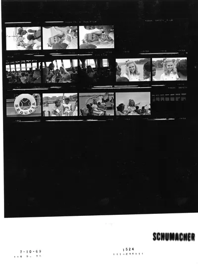 Tricia Nixon aboard Sequoia with a group of Summer in the Park children, with the yacht's crew, 10 July 1969. Contact sheet of White House Photo Office roll WHPO-1524, photographed by Karl Schumacher. Frames: 03-14, 05.